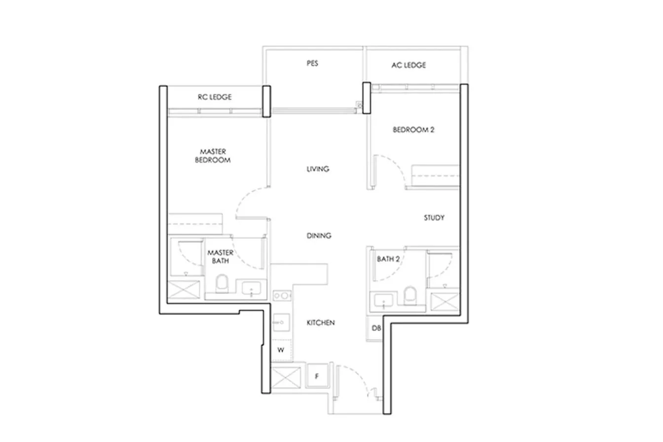 Indicative 2-bedroom plus study layout with private enclosed space, shown for reference, not the official Berlayar Drive Residences floor plan
