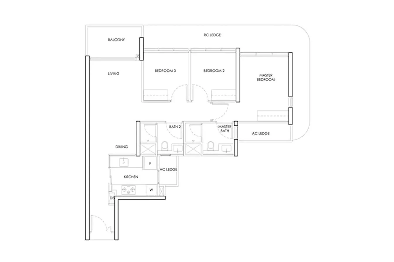 Indicative 3-bedroom layout with balcony, shown for reference, not the official Berlayar Drive Residences floor plan