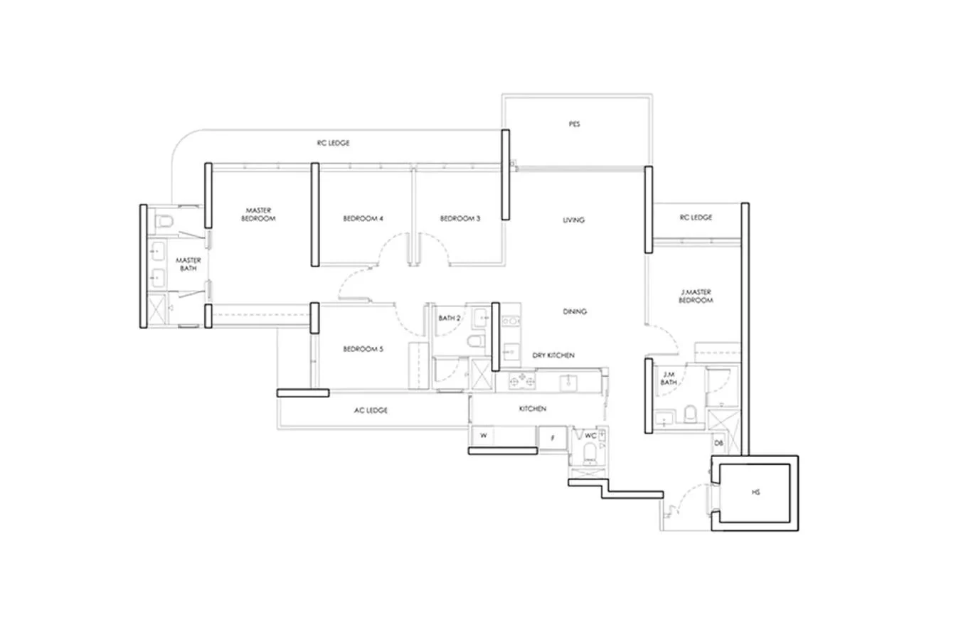 Indicative 5-bedroom layout with dry kitchen and private enclosed space, shown for reference, not the official Berlayar Drive Residences floor plan