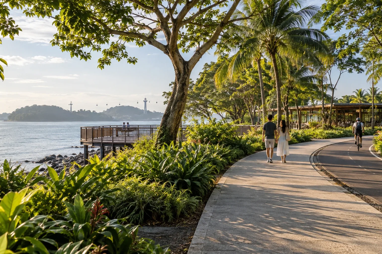 Artist's impression of a waterfront promenade near Berlayar Drive, with a boardwalk, cycling path and Sentosa across the water