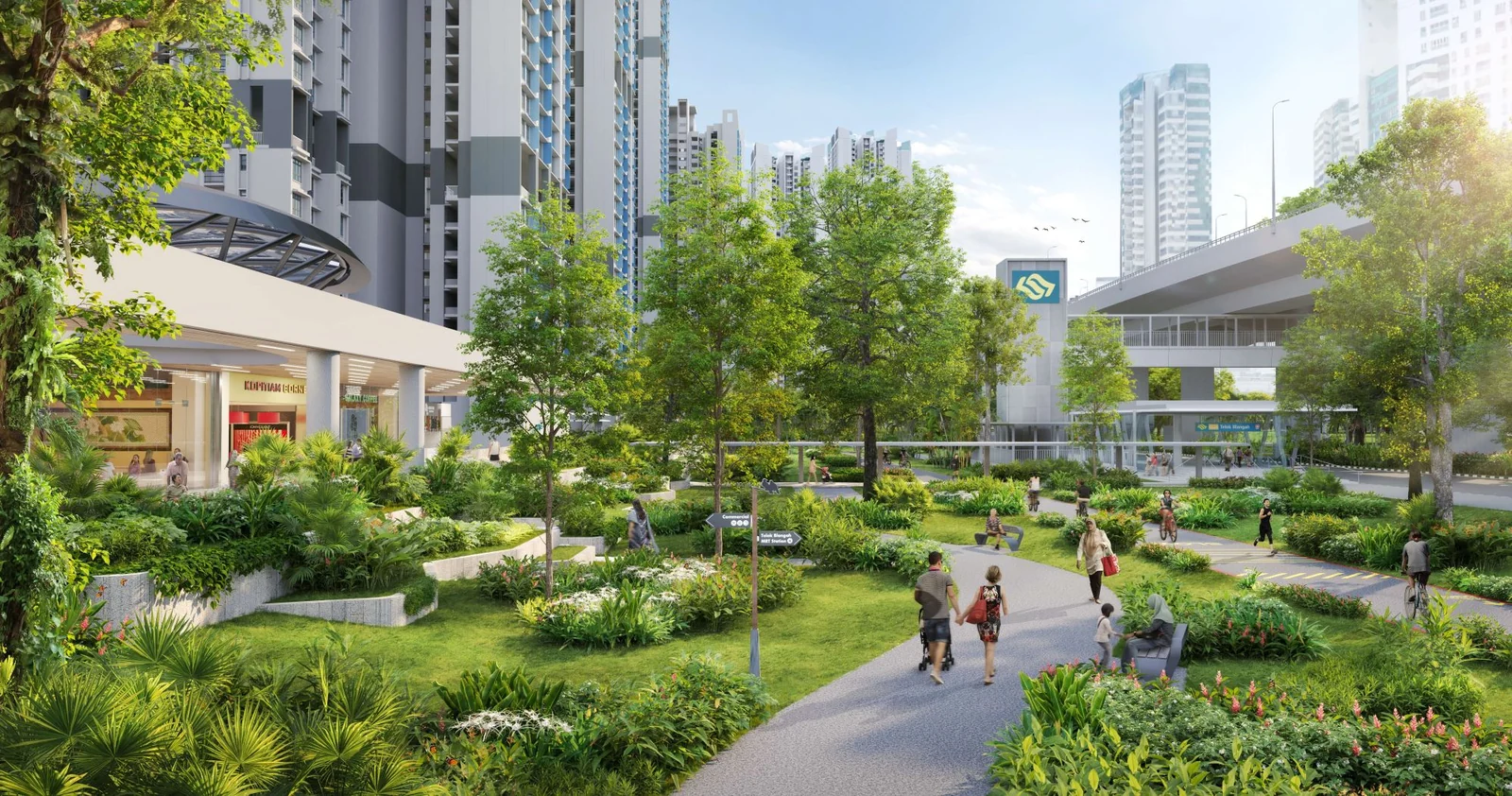 Artist's impression of a landscaped walking and cycling path in the Berlayar estate leading to Telok Blangah MRT station, with shops at the base of the housing blocks