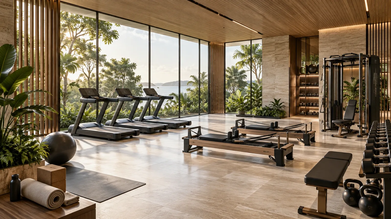 Artist's impression of a residents' gym with treadmills, reformer beds and tall windows onto greenery and the sea