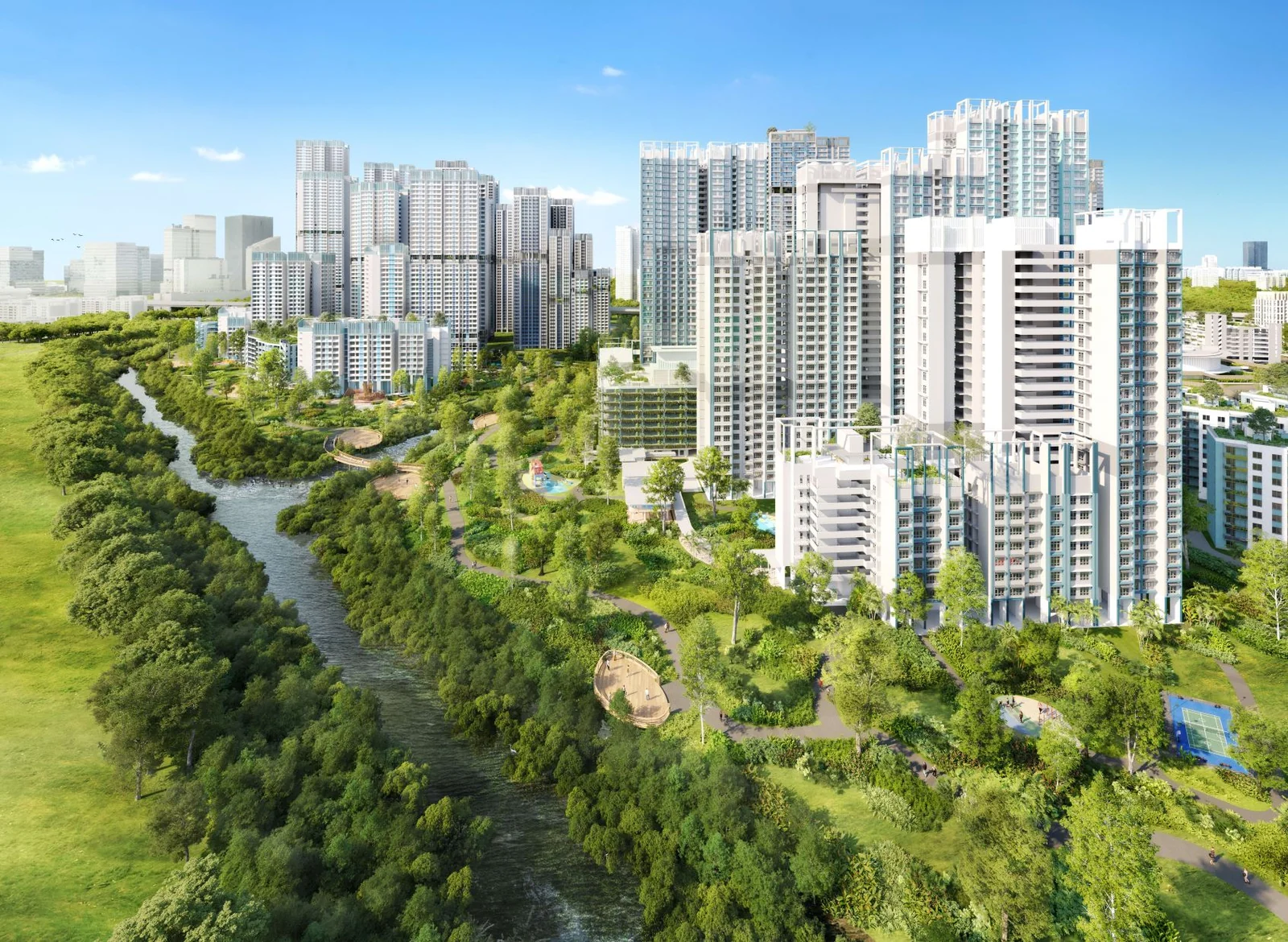 Artist's impression of Berlayar estate housing beside Berlayer Creek, with park connectors, viewing decks and a sports court