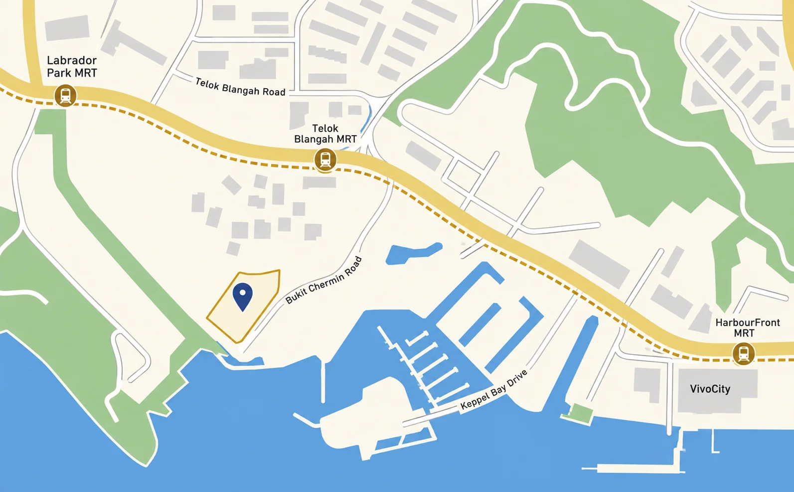 Location map of Berlayar Drive Residences west of Bukit Chermin Road, south of Telok Blangah MRT, with Labrador Park MRT to the west and HarbourFront MRT and VivoCity to the east