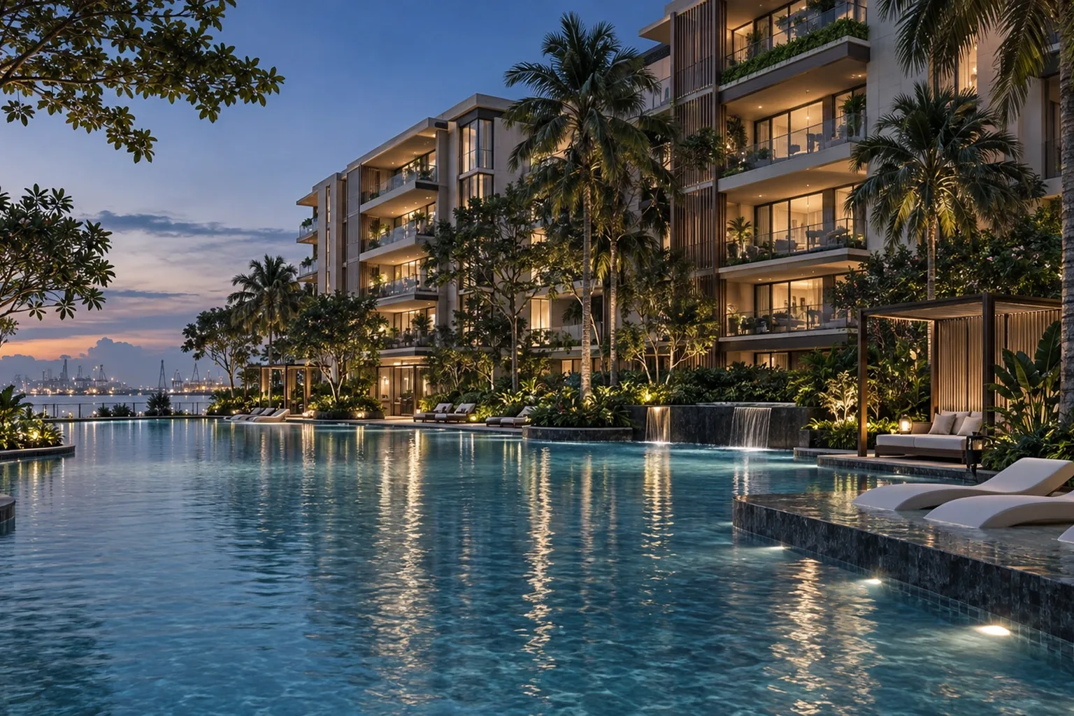 Artist's impression of the Berlayar Drive Residences pool deck at dusk, with low-rise blocks, palms and Keppel Harbour beyond
