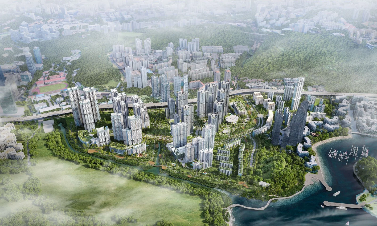 Artist's impression aerial view of the completed Berlayar estate between Labrador Park, Berlayer Creek and the Keppel Bay marina
