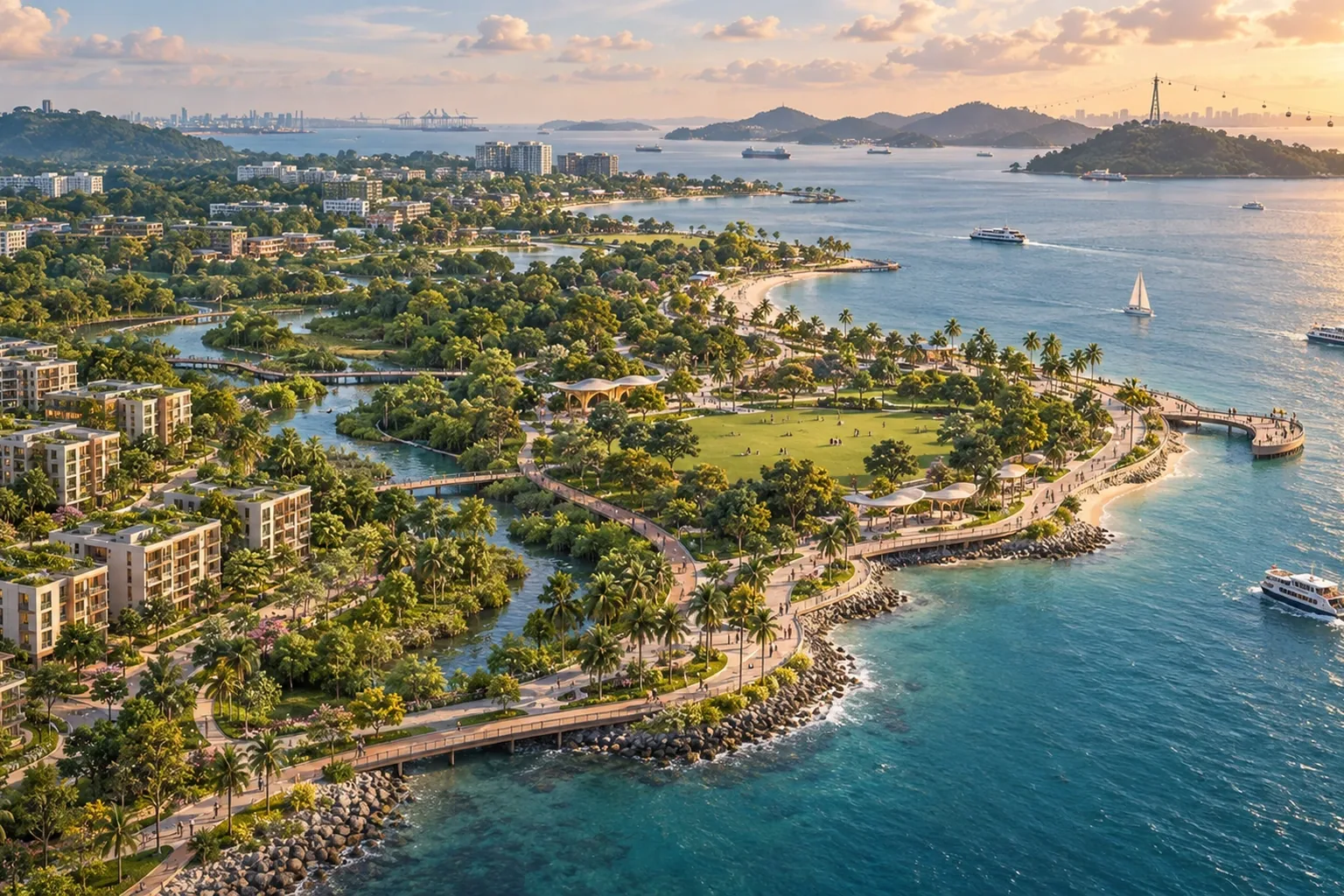 Artist's impression of the Greater Southern Waterfront around the Berlayar estate, with low-rise homes, green corridors, a coastal boardwalk and Sentosa across the water